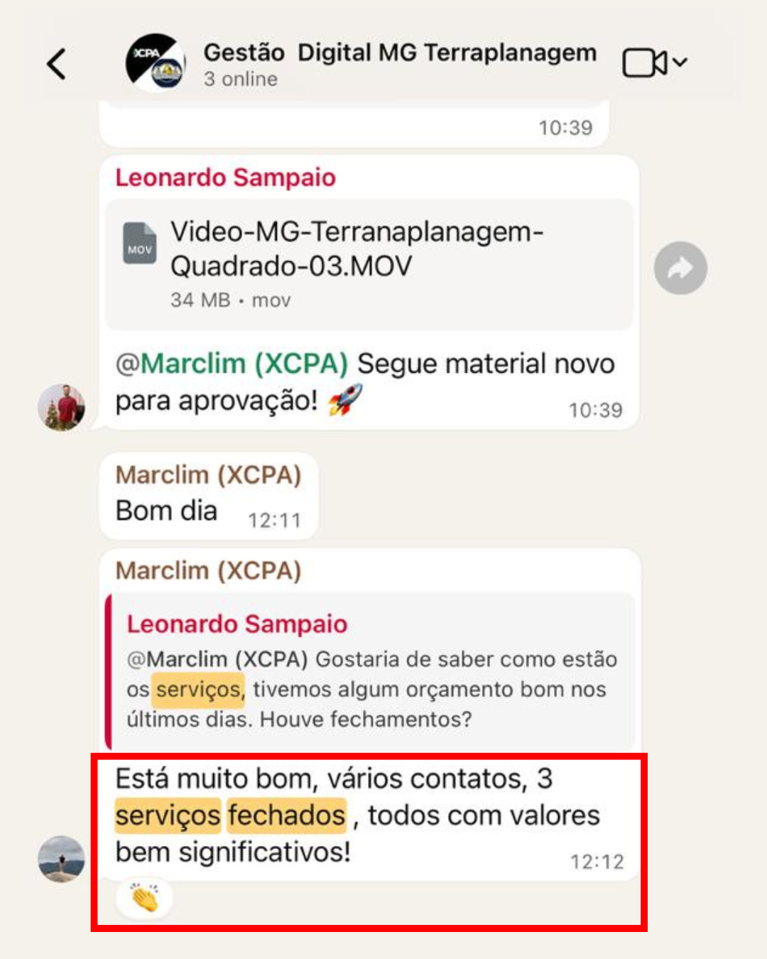 Print WhatsApp - 3 serviços fechados com valores significativos